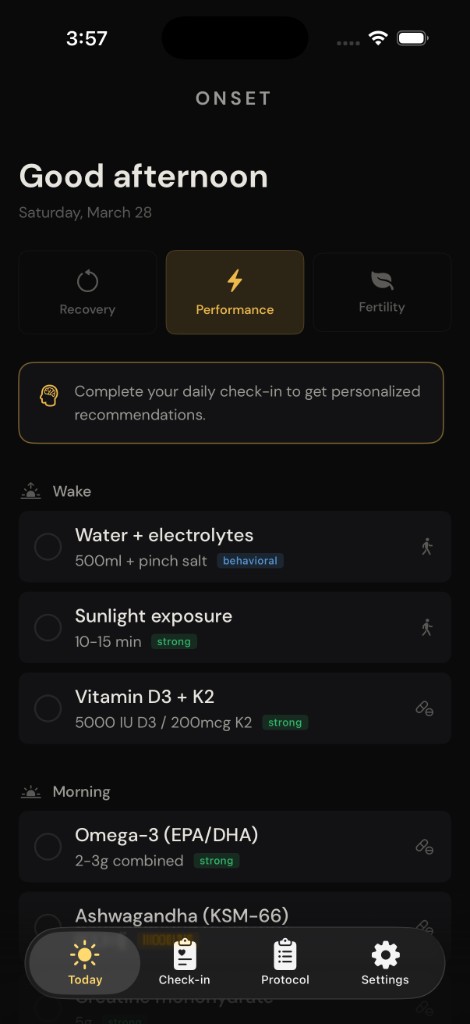 Onset Today: daily timeline with mode selector for Recovery, Performance, Fertility, Balance, or Cycle awareness